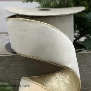 2.5"x10Y WINTER WHITE LUSH VELVET WITH METALLIC GOLD BACK WIRED RIBBON