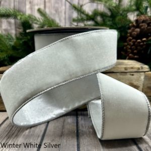 2.5"x10Y WINTER WHITE LUSH VELVET WITH METALLIC SILVER BACK WIRED RIBBON