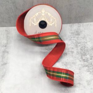 1.5"x10Y DUPION GREEN/RED/METALLIC GOLD THREAD PLAID WITH RED BACKING WIRED RIBBON