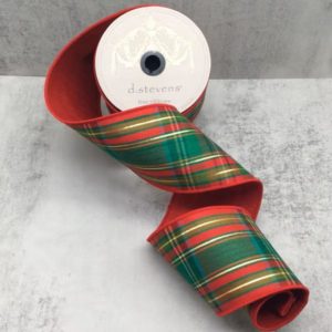 4"x10Y DUPION GREEN/RED/METALLIC GOLD THREAD PLAID WITH RED BACKING WIRED RIBBON