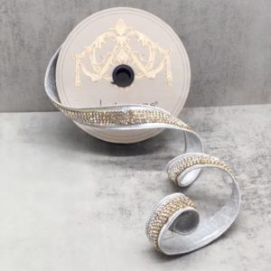 1"x5Y SILVER METALLIC DUPION DUCHESS WITH CLEAR JEWEL CENTER WIRED RIBBON