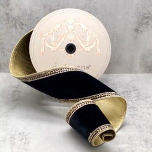 4"x5Y BLACK/ GOLD VELVET WITH CRYSTAL JEWEL SIDE TRIM WIRED RIBBON