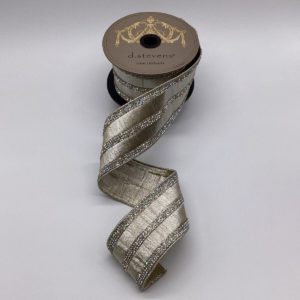 2.5"x5Y PLATINUM METALLIC DUPION WITH CLEAR CRYSTAL JEWEL STRIPE WIRED RIBBON