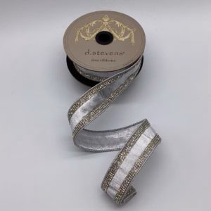 1.5"x5Y SILVER METALLIC DUPION WITH CLEAR CRYSTAL JEWEL STRIPE WIRED RIBBON