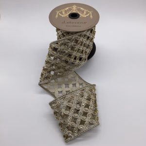 4"x5Y PLATINUM METALLIC WITH CRYSTAL JEWEL FLORAL WIRED RIBBON