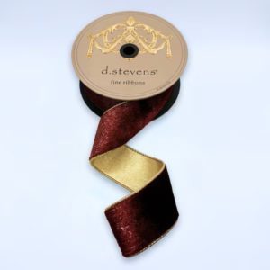2.5"x10Y BURGUNDY ICE VELVET WITH METALLIC GOLD BACK WIRED RIBBON