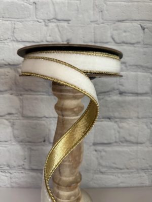1"x10Y WINTER WHITE LUSH VELVET WITH METALLIC GOLD BACK WIRED RIBBON