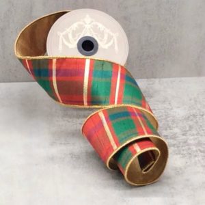 2.5"x10Y RED/GREEN/ GOLD DUPION ABERDEEN PLAID WIRED RIBBON WITH METALLIC GOLD EDGE