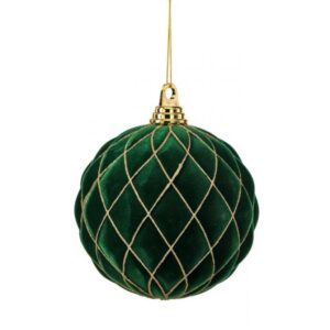 150MM DARK GREEN VP FLOCKED WITH GLITTER DIAMOND DESIGN BALL ORNAMENT - BOX OF 2