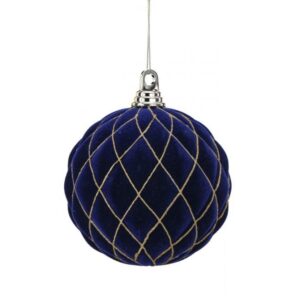 150MM MIDNIGHT BLUE VP FLOCKED WITH GLITTER DIAMOND DESIGN BALL ORNAMENT - BOX OF 2