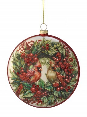 5" GLASS CARDINAL COUPLE WITH BERRY DISK ORNAMENT