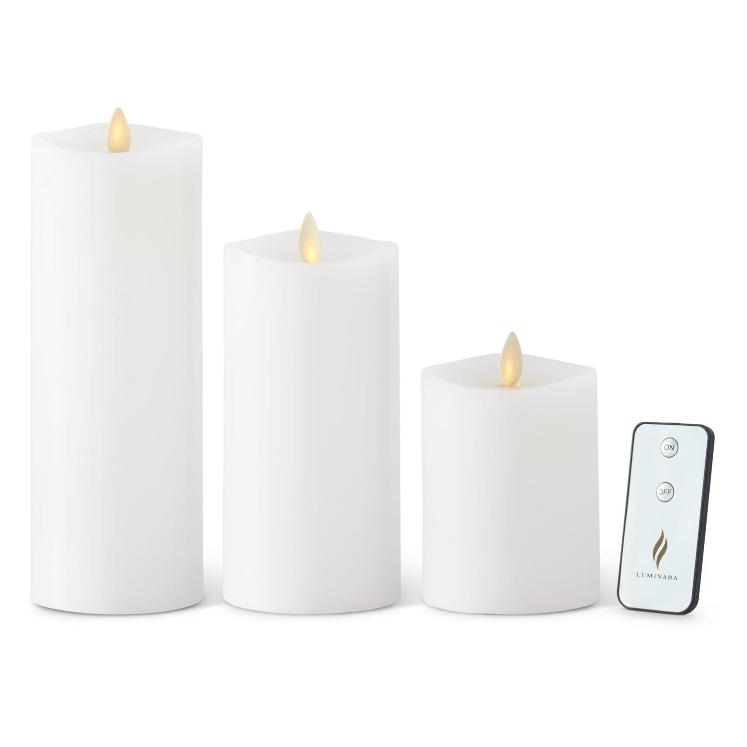 WHITE INDOOR WAX LUMINARA FLAMELESS PILLAR CANDLES WITH REMOTE - SET OF 3 CANDLES