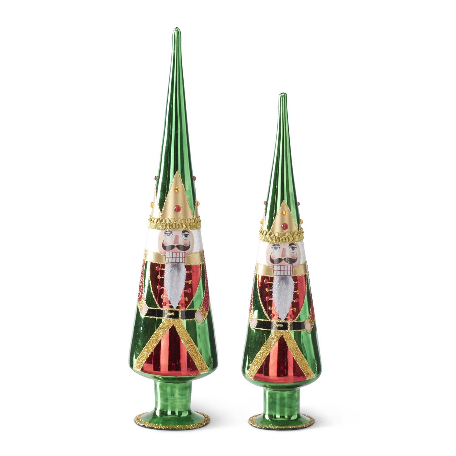 RED/ GREEN NUTCRACKER GLASS CONE TREES - SET OF TWO